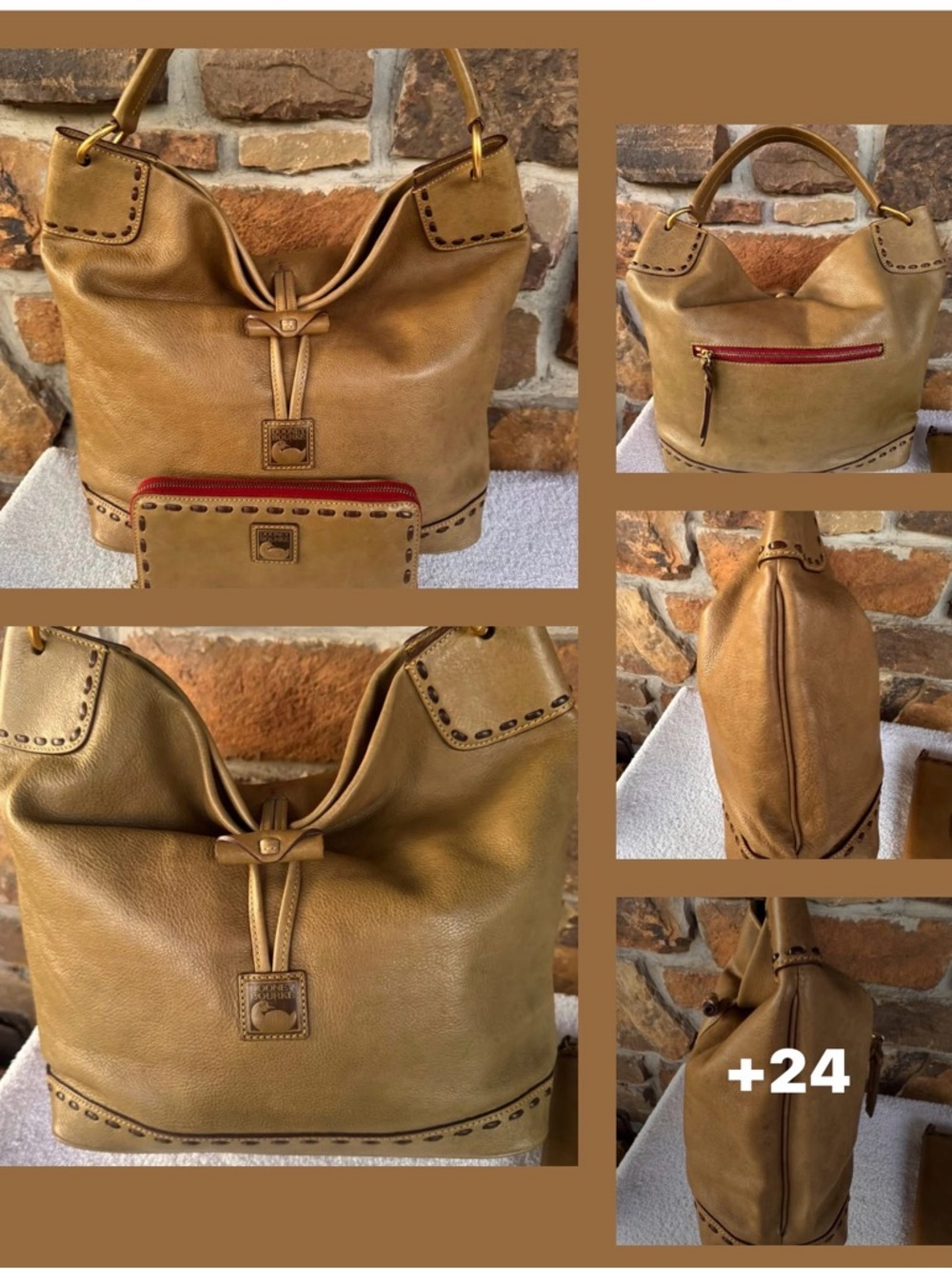 Dooney & Bourke olive green Leather Shoulder Bag with Red Zip Accent